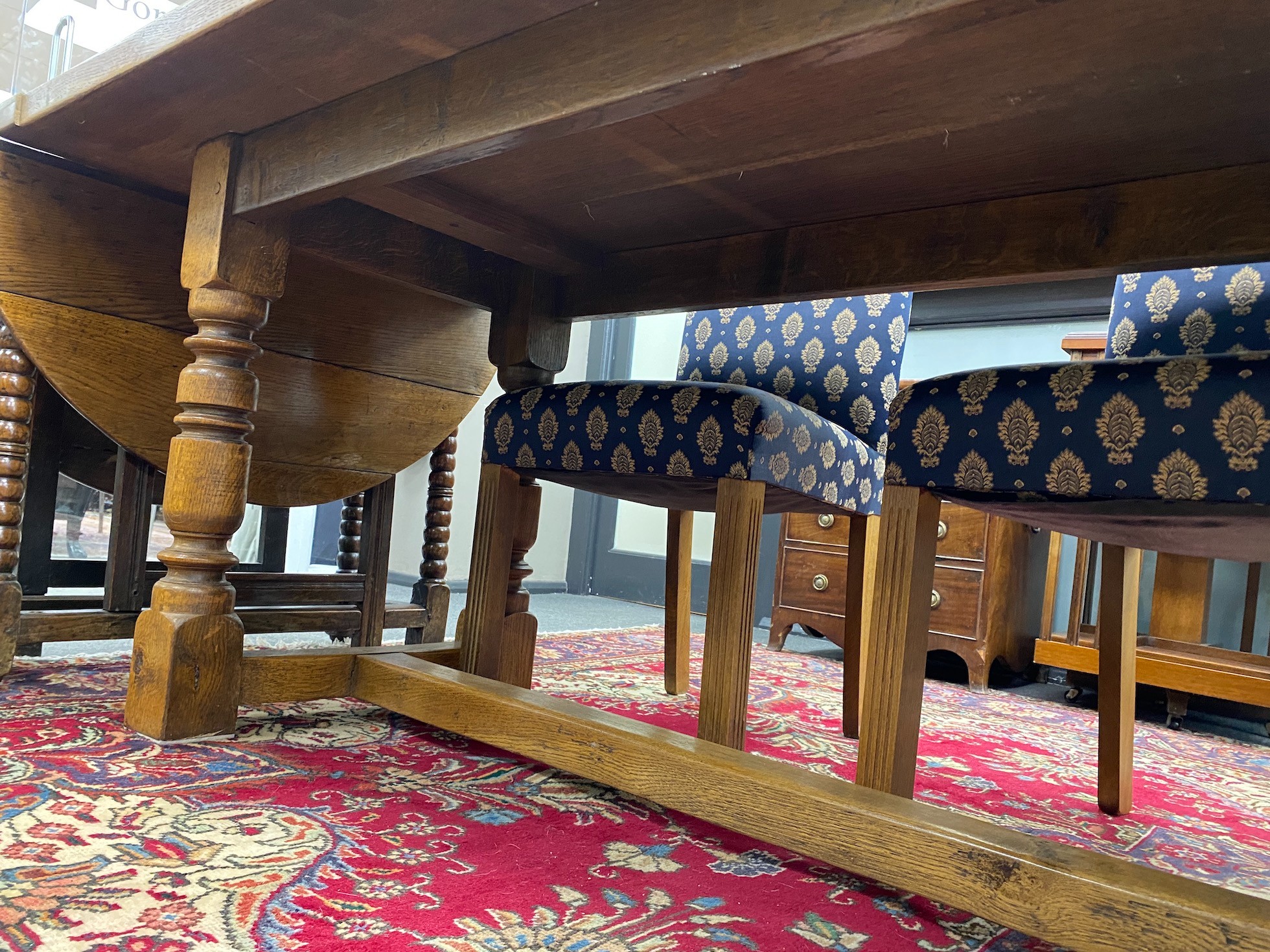 A large 18th century style rectangular oak refectory dining table, length 296cm, depth 89cm, height 76cm